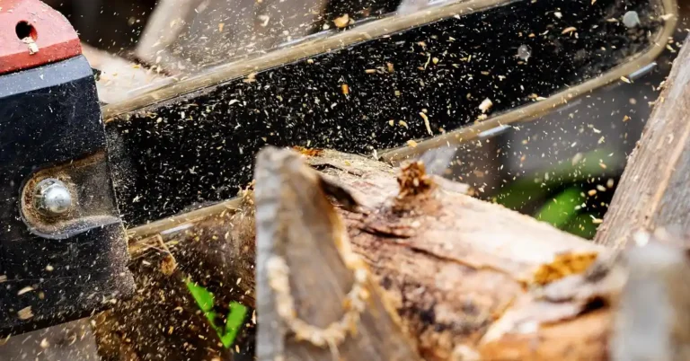 Chainsaw ripping chain cutting along wood grain with sawdust spray