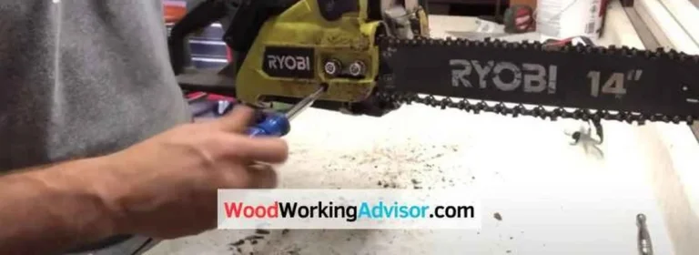 Ryobi chainsaw chain and bar showing file size sharpening point