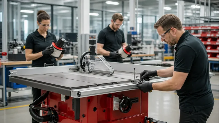 Modern table saw undergoing precision assembly and quality inspection
