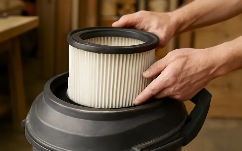 Installing a HEPA filter in a shop vacuum Installing a pleated HEPA filter cartridge into the top of a shop vacuum canister