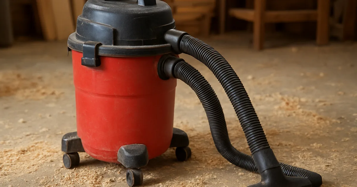 Shop vacuum on a workshop floor Shop vacuum canister with wide hose attached on a workshop floor covered in wood shavings