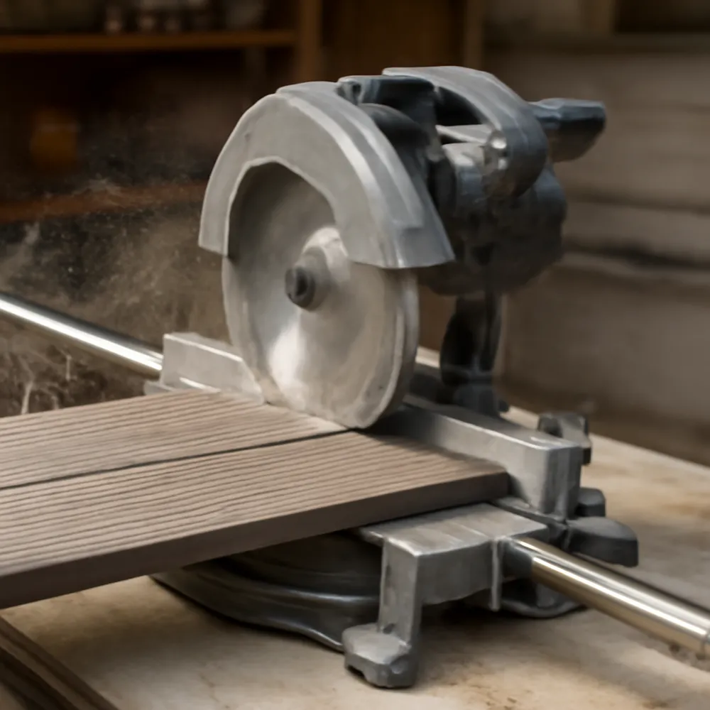 sliding compound miter saw with slide rails extended crosscutting a wide composite decking board