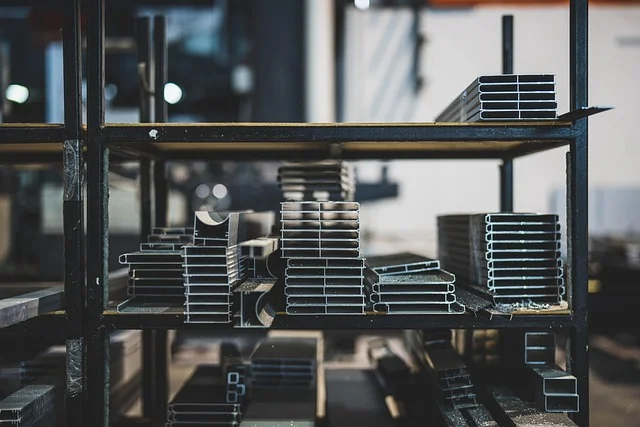 Stacked flat steel bar and channel stock on warehouse shelving, the kind of solid material that needs a coarser-TPI bandsaw blade Stacked flat steel bar and channel stock on warehouse shelving, the kind of solid material that needs a coarser-TPI bandsaw blade