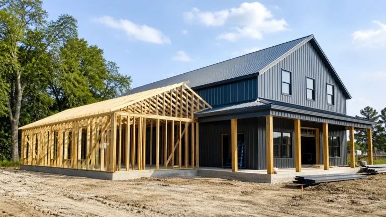 Stick-built barndominium framing under construction