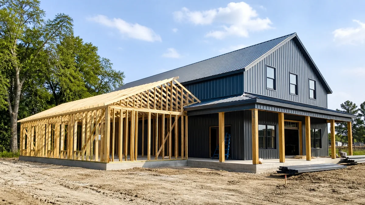 Stick-built barndominium framing under construction