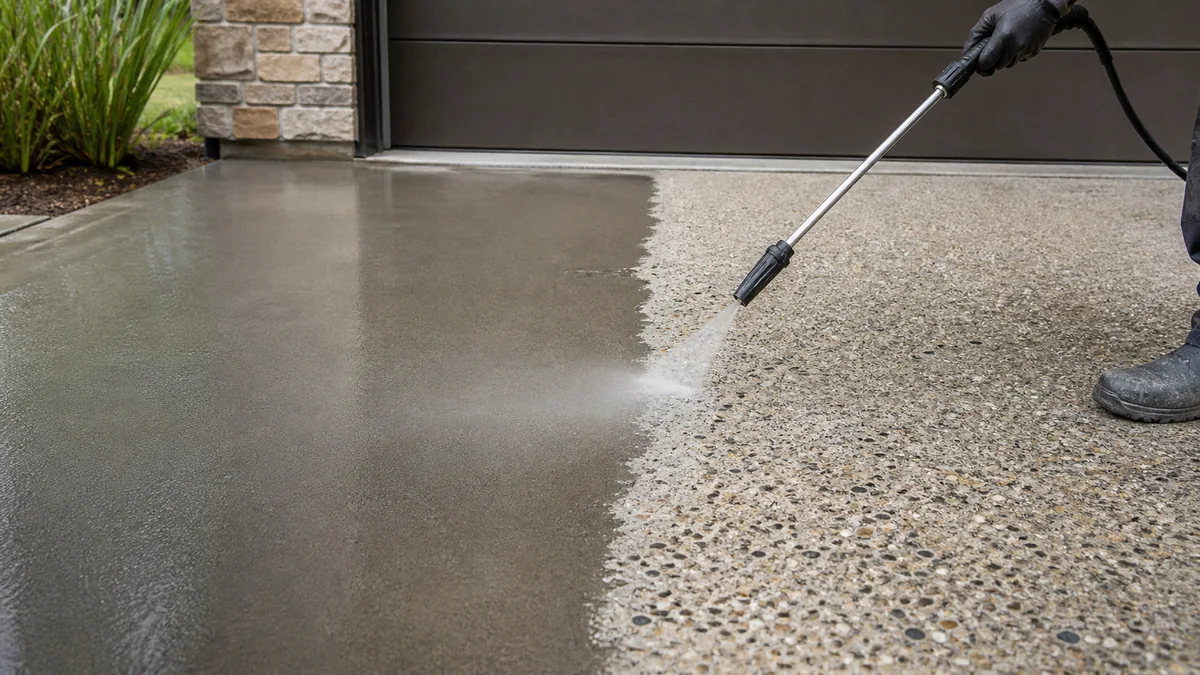 Pressure washing a TopCast exposed aggregate concrete finish