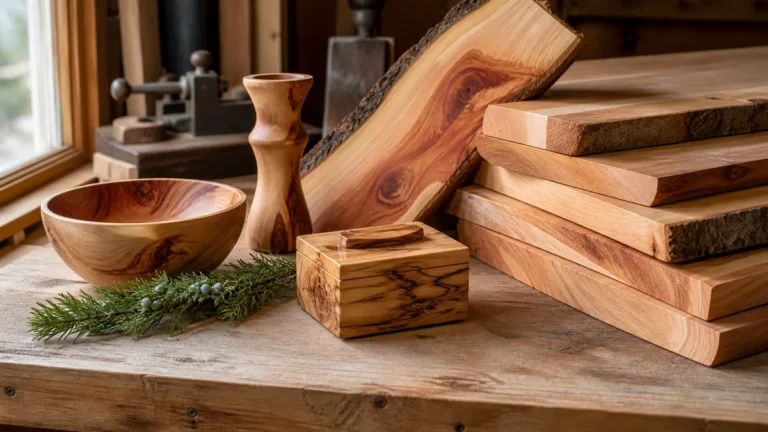 Juniper boards, bowl, turned piece, and small box in a workshop