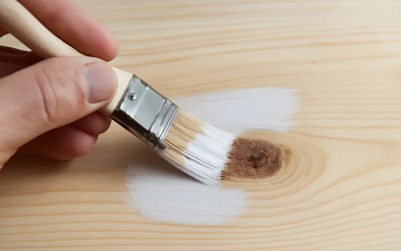 Spot-priming a knot with white primer Paintbrush spot-priming a dark wood knot with white primer on bare wood trim