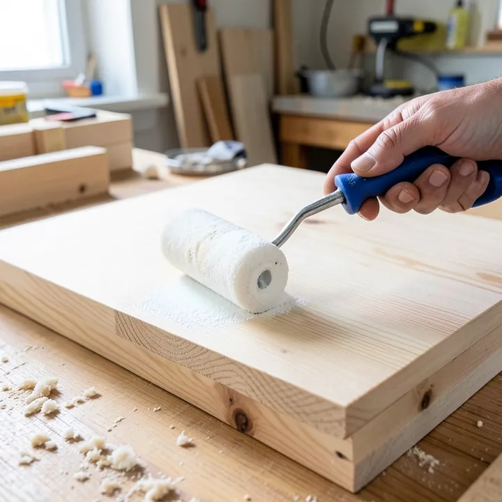 Applying white wood primer with a roller Paint roller applying white primer to a sanded bare pine board, wood grain visible through partial coverage
