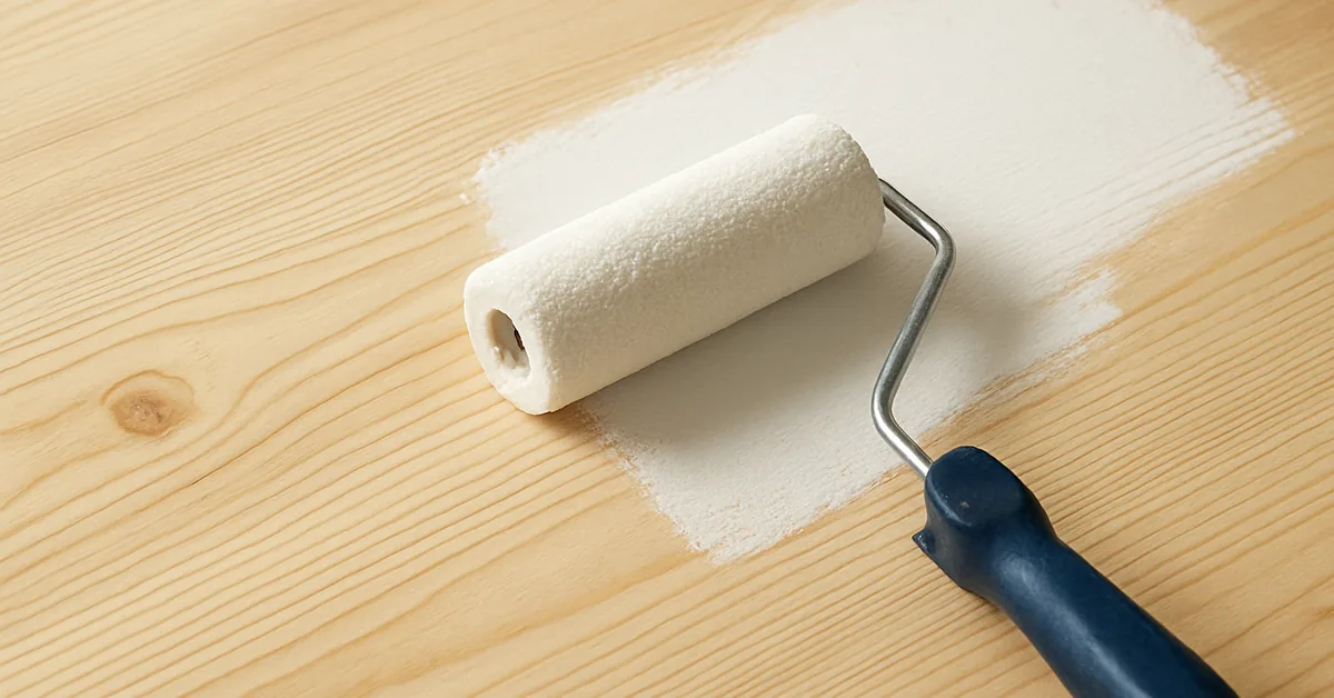 Applying white wood primer with a roller Paint roller applying white primer to a sanded bare pine board, wood grain visible through partial coverage