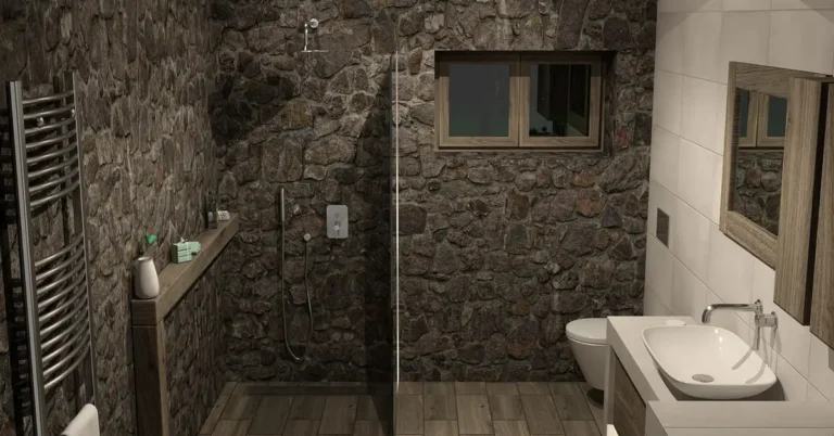 Bathroom with wood plank flooring and stone walls