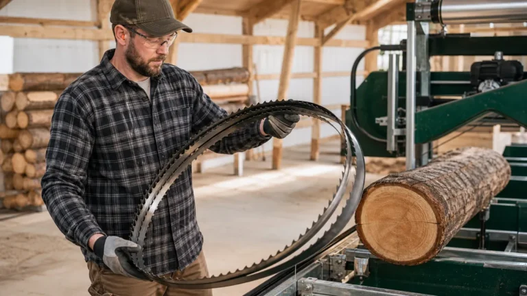 Sawmill operator safely handling a bandsaw blade beside a portable sawmill
