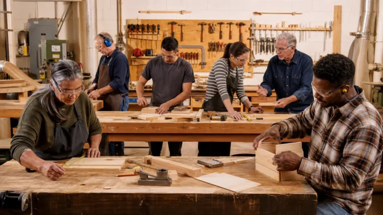 Adult beginners learning safely in a community makerspace woodshop