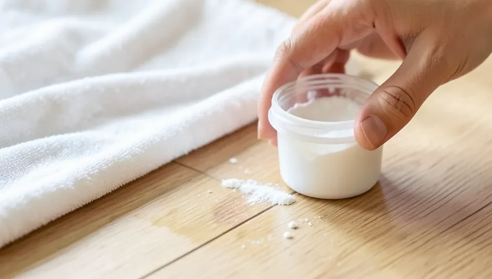 Baking soda paste being used to clean a wood floor stain