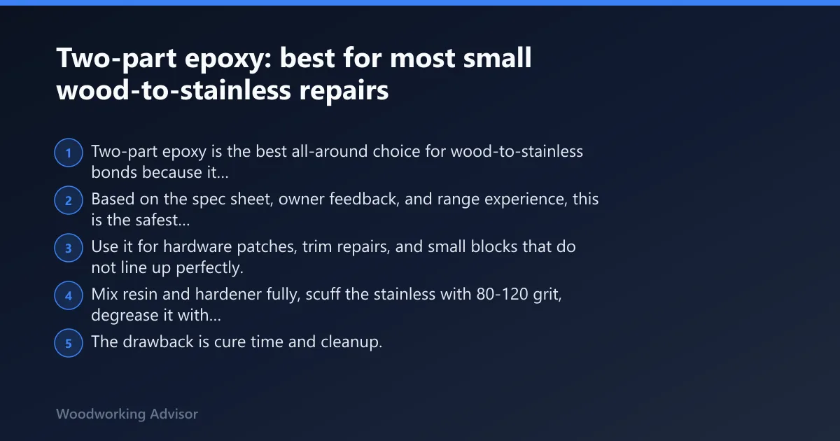 Steps: Two-part epoxy: best for most small wood-to-stainless repairs