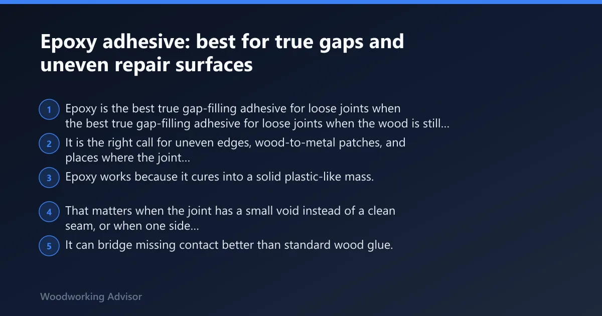 Steps: Epoxy adhesive: best for true gaps and uneven repair surfaces