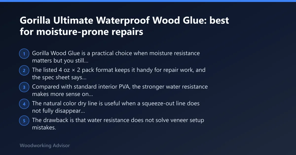 Steps: Gorilla Ultimate Waterproof Wood Glue: best for moisture-prone repairs