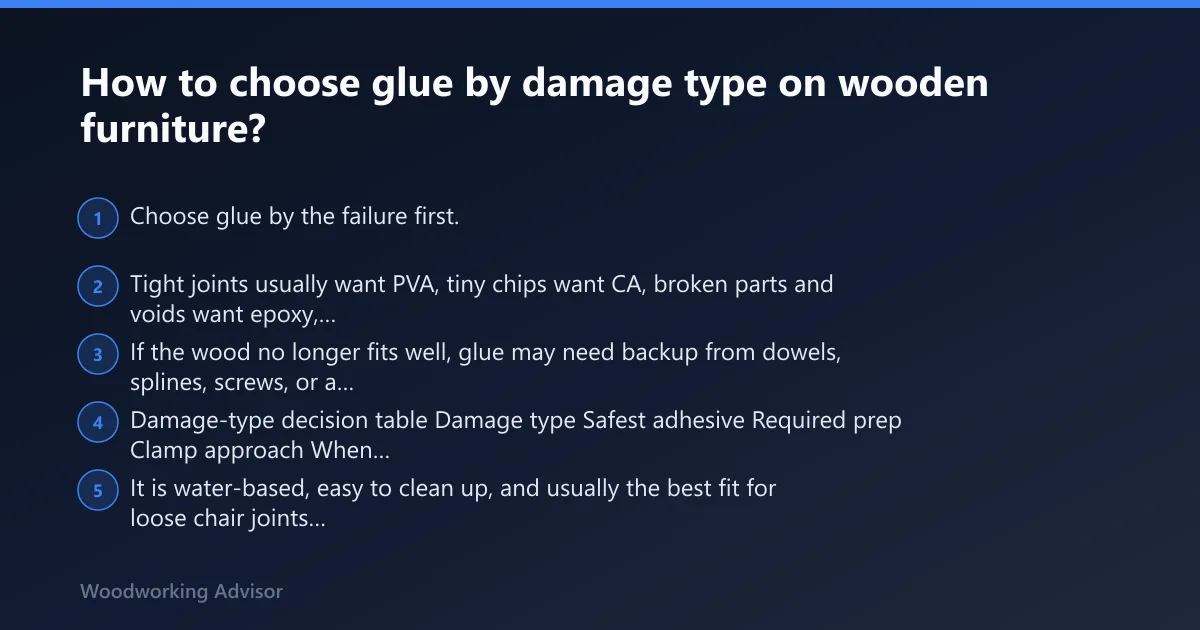 Steps: How to choose glue by damage type on wooden furniture?