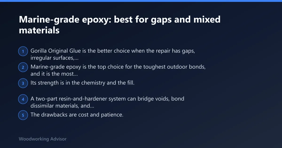 Steps: Marine-grade epoxy: best for gaps and mixed materials