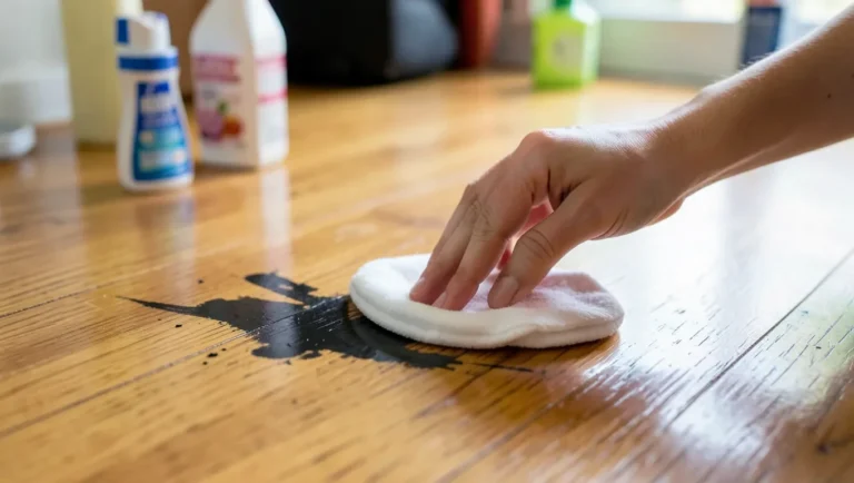 Blotting a permanent marker stain off a wood floor with a cotton pad