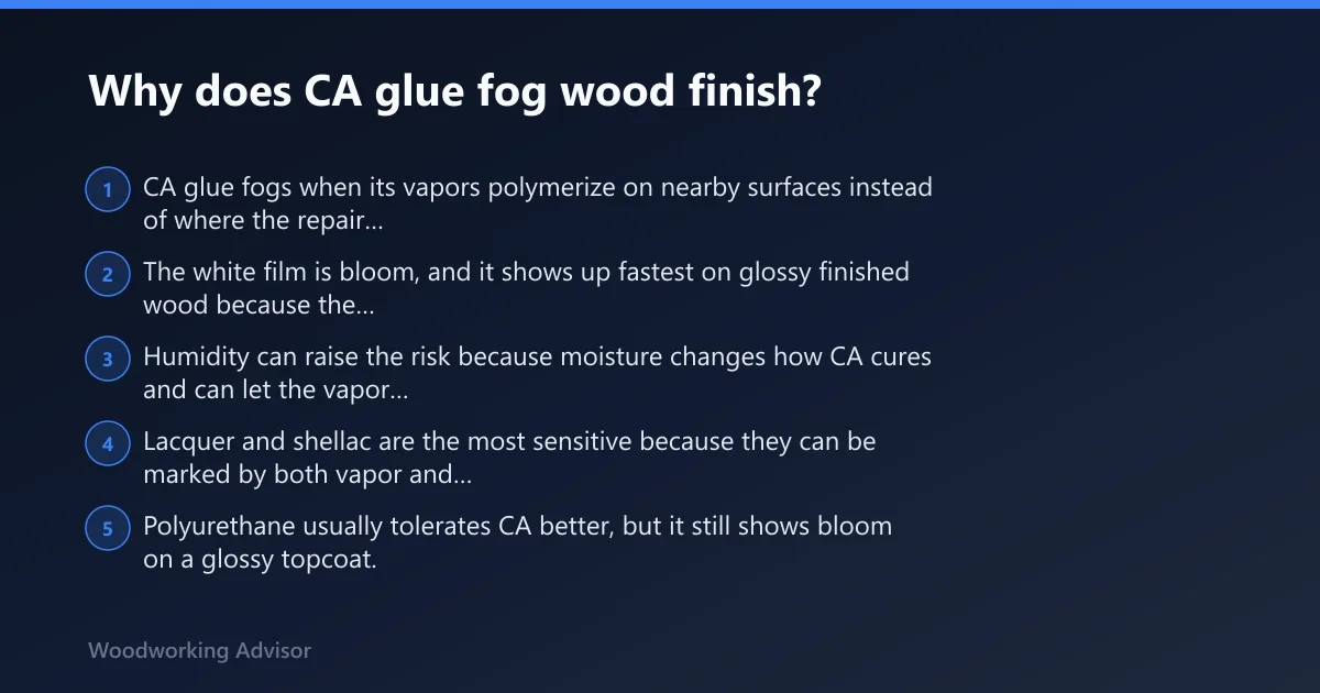 Steps: Why does CA glue fog wood finish?