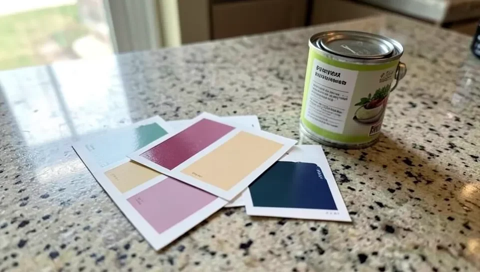 Paint color swatches and a can of cabinet paint
