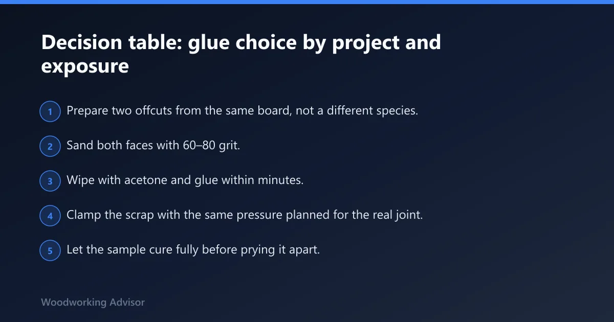 Steps: Decision table: glue choice by project and exposure