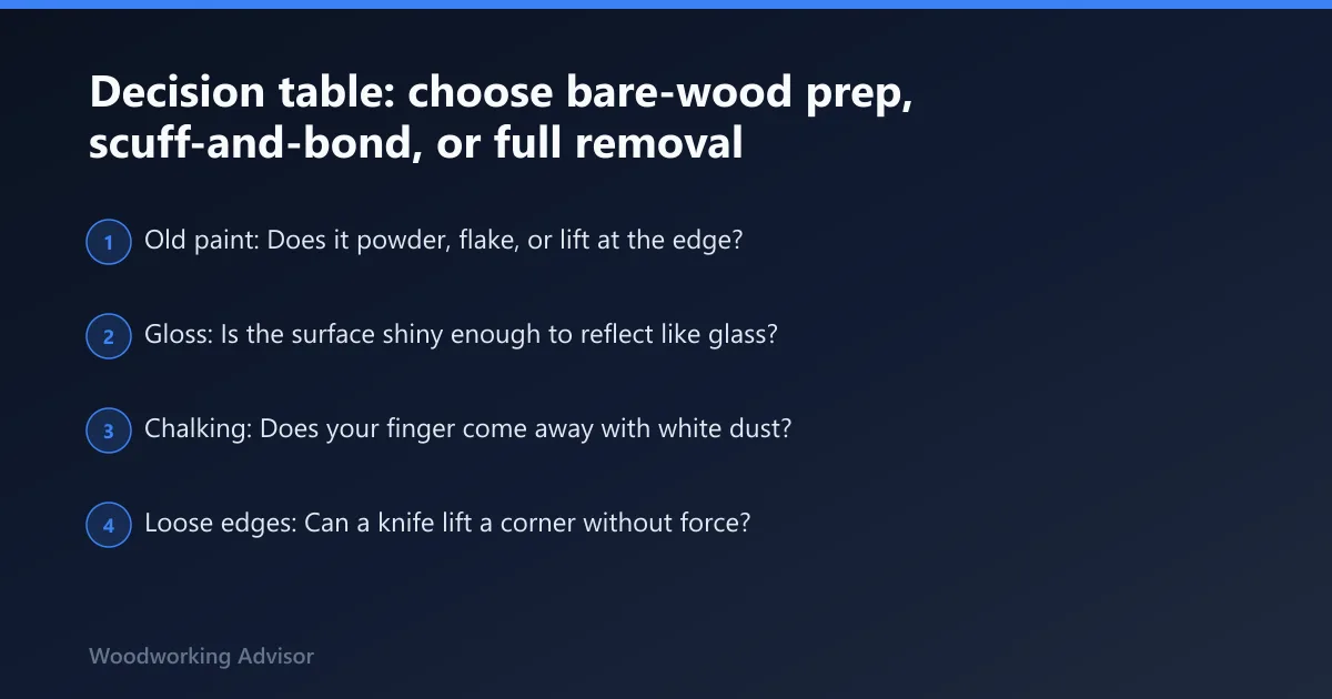 Steps: Decision table: choose bare-wood prep, scuff-and-bond, or full removal