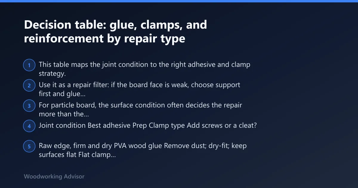 Steps: Decision table: glue, clamps, and reinforcement by repair type