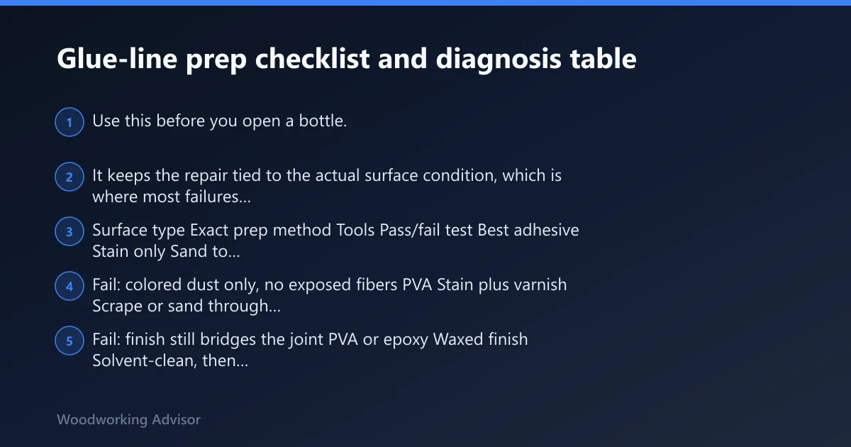 Steps: Glue-line prep checklist and diagnosis table