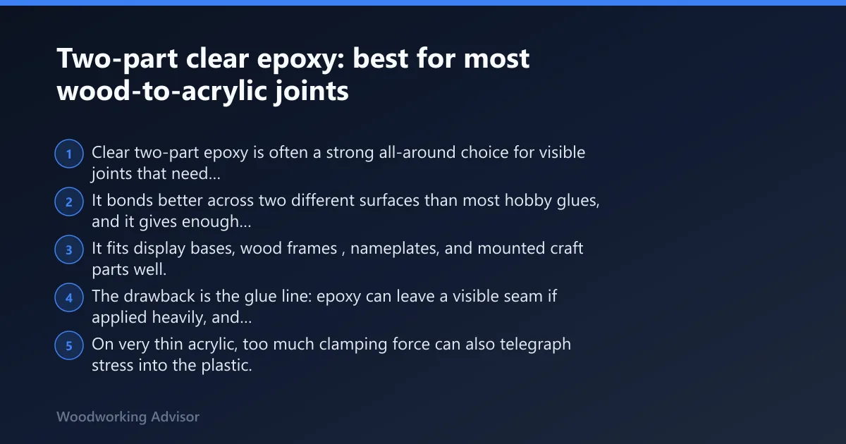Steps: Two-part clear epoxy: best for most wood-to-acrylic joints