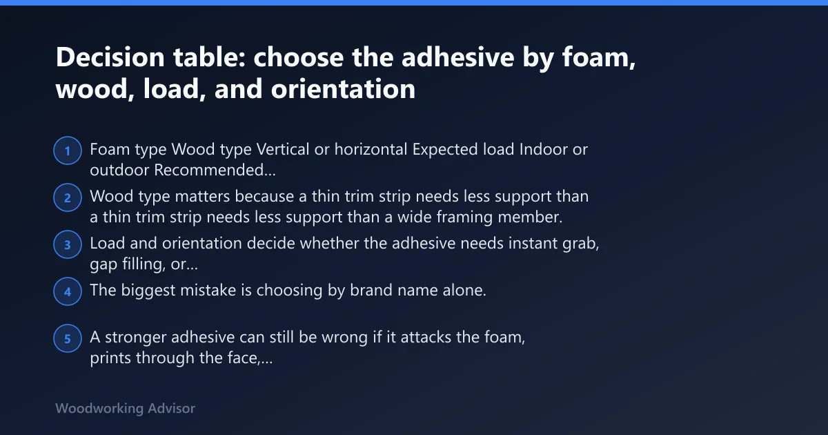 Steps: Decision table: choose the adhesive by foam, wood, load, and orientation