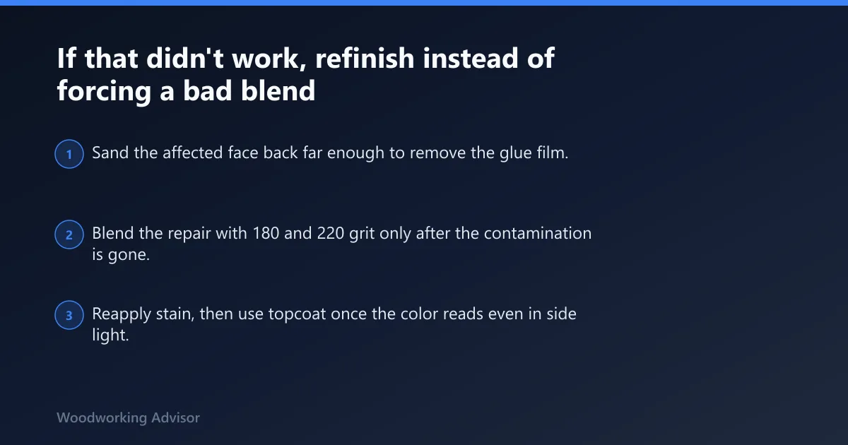 Steps: If that didn't work, refinish instead of forcing a bad blend