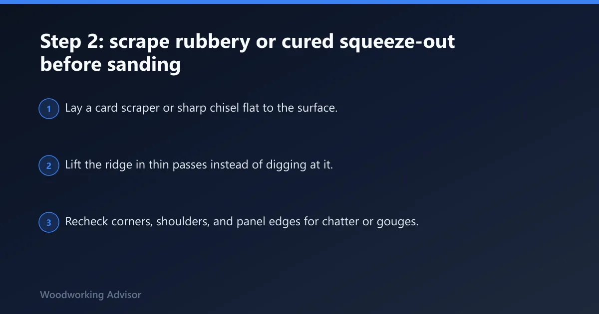 Steps: Step 2: scrape rubbery or cured squeeze-out before sanding