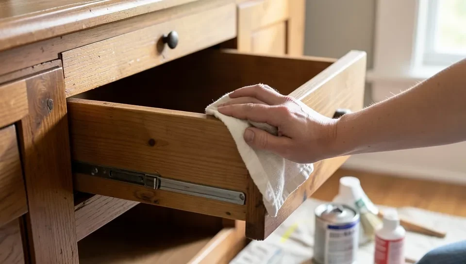 Wiping down a drawer front before painting