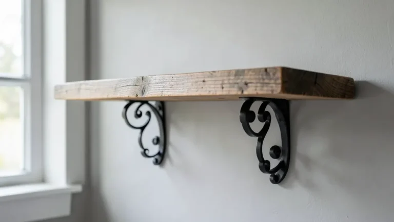 Decorative black iron scroll shelf brackets holding a rustic wood floating shelf