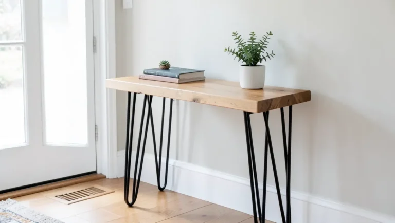 DIY wood console table with black hairpin legs in an entryway
