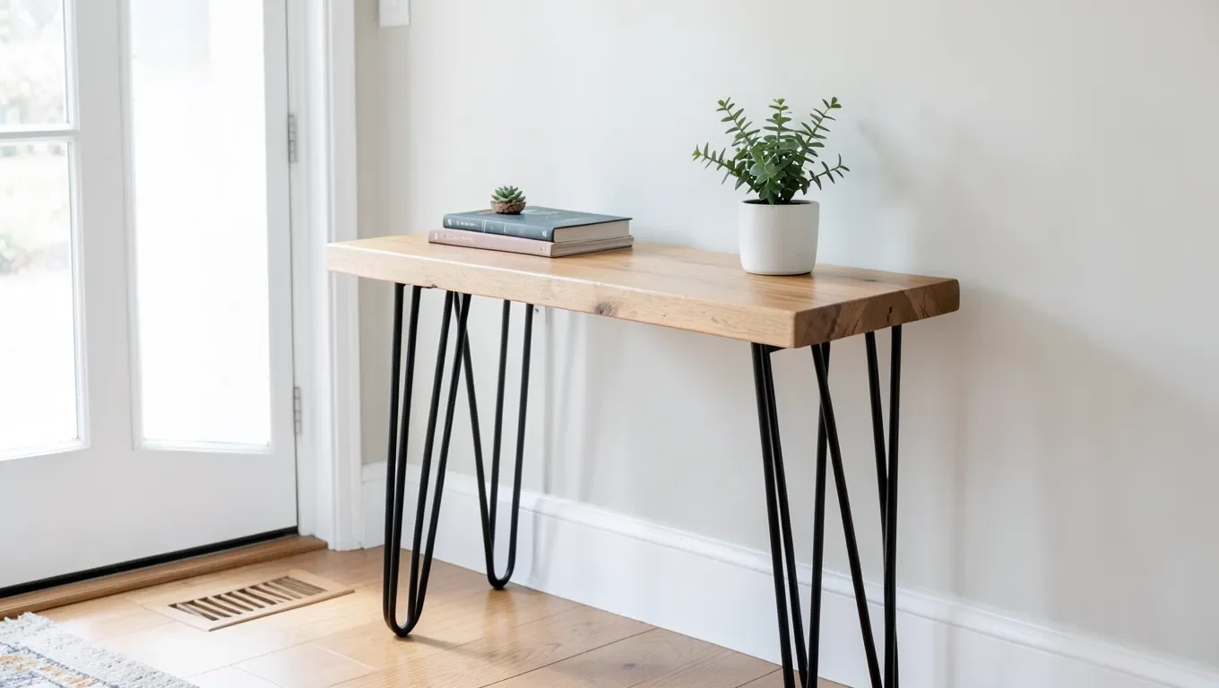 DIY wood console table with black hairpin legs in an entryway