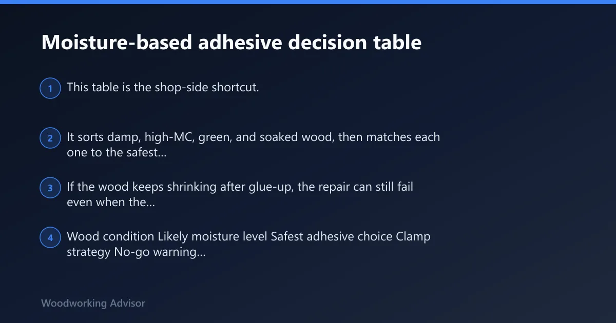 Steps: Moisture-based adhesive decision table