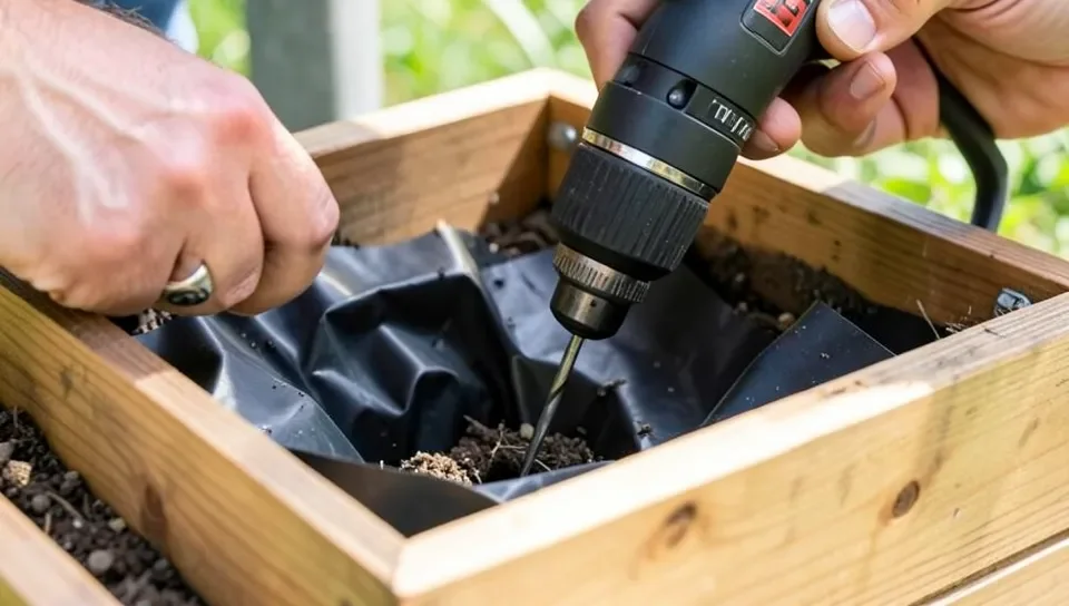 Drilling a drainage hole through the liner and planter box bottom