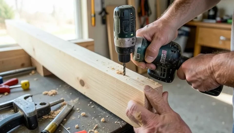 Driving a screw into a 2x4 bench leg joint