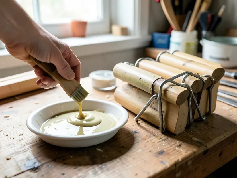 Mixing two-part epoxy and clamping bamboo pieces together on a workbench