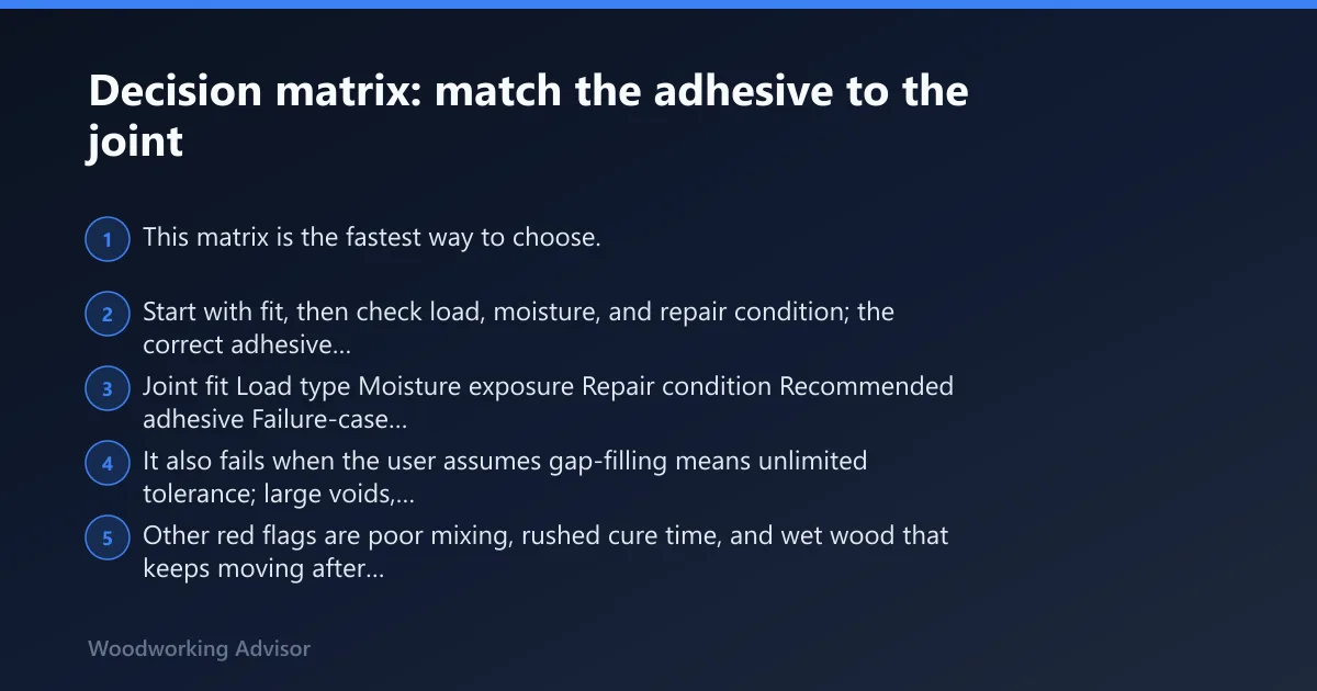 Steps: Decision matrix: match the adhesive to the joint