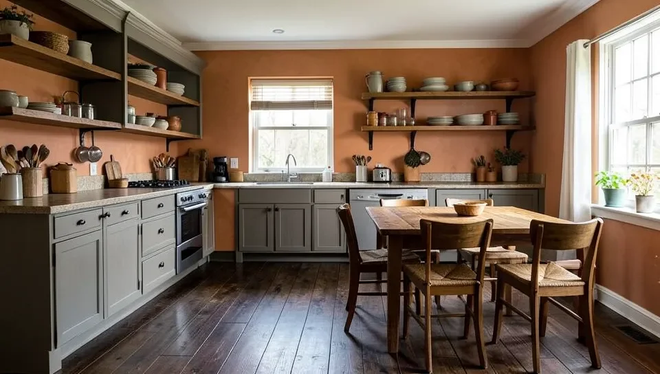 Farmhouse kitchen with dark wood floors and terracotta walls