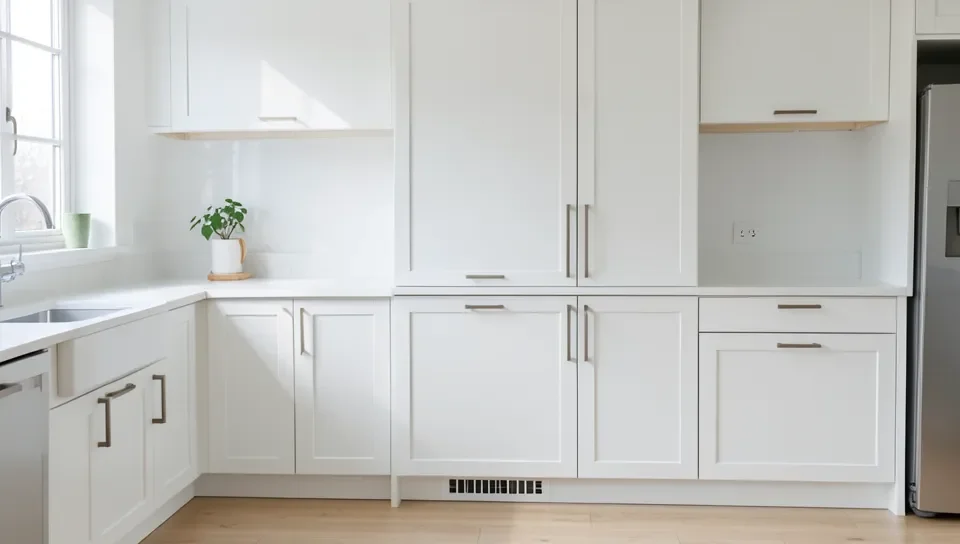 Finished white painted kitchen cabinets with new hardware