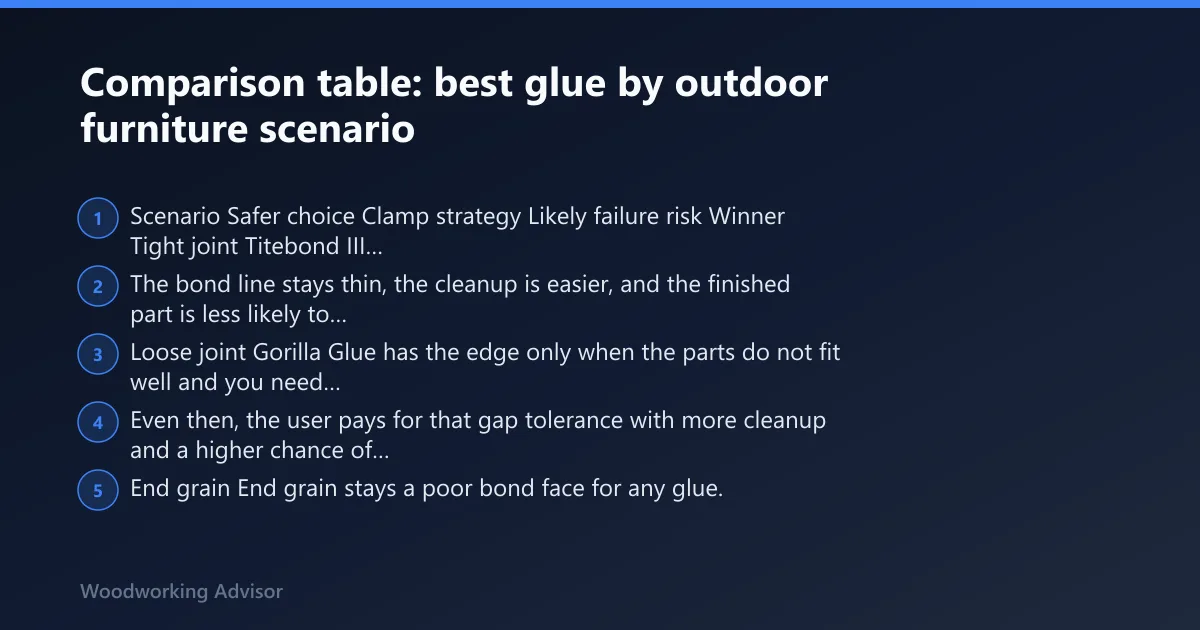 Steps: Comparison table: best glue by outdoor furniture scenario