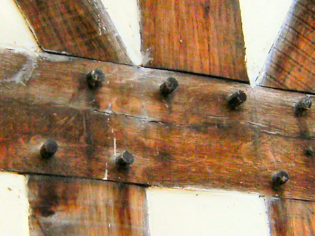 Close-up of glue-covered dowels being inserted into matching holes in two wood boards.