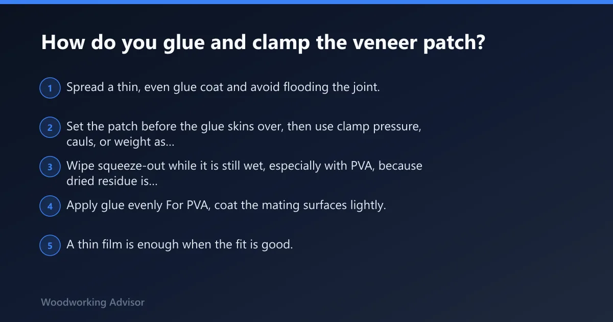 Steps: How do you glue and clamp the veneer patch?