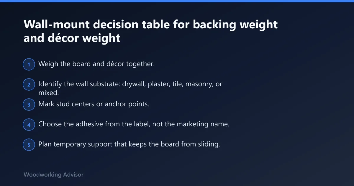 Steps: Wall-mount decision table for backing weight and décor weight
