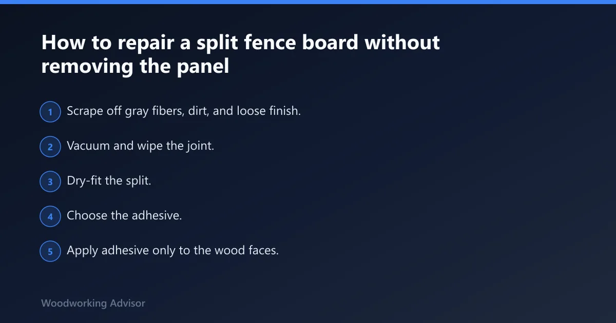 Steps: How to repair a split fence board without removing the panel